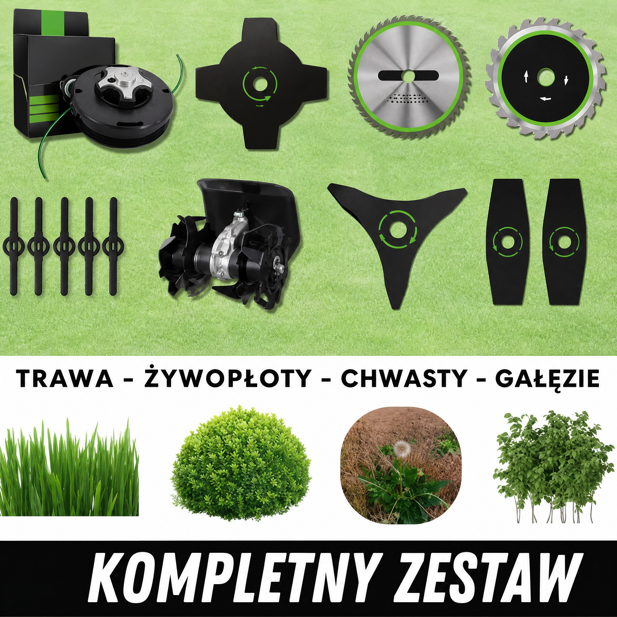 3 rodzaje ostrzy do Elektrycznej Kosy: plastikowe, metalowe, tarcza manganowa